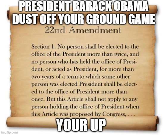 President Obama - 22nd Amendment | PRESIDENT BARACK OBAMA
DUST OFF YOUR GROUND GAME; YOUR UP | image tagged in barack obama,president obama,22nd amendment,constitution,donald trump | made w/ Imgflip meme maker