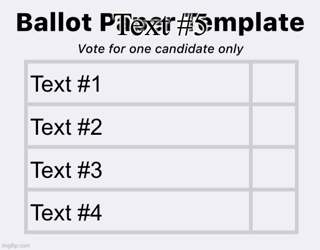 new temp | Text #5; Text #1; Text #2; Text #3; Text #4 | image tagged in ballot paper template 4 candidates | made w/ Imgflip meme maker