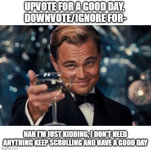 Leonardo Dicaprio Cheers Meme | UPVOTE FOR A GOOD DAY, 
DOWNVOTE/IGNORE FOR-; NAH I'M JUST KIDDING, I DON'T NEED ANYTHING KEEP SCROLLING AND HAVE A GOOD DAY | image tagged in memes,leonardo dicaprio cheers | made w/ Imgflip meme maker