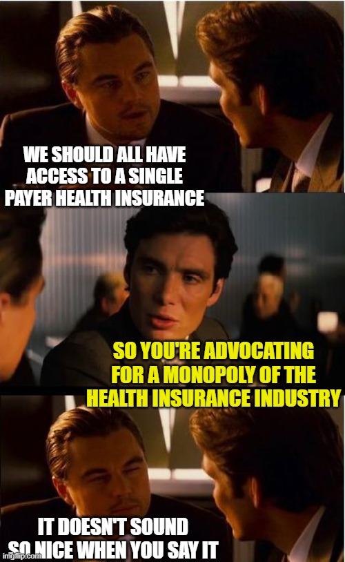 Inception Meme | WE SHOULD ALL HAVE ACCESS TO A SINGLE PAYER HEALTH INSURANCE SO YOU'RE ADVOCATING FOR A MONOPOLY OF THE HEALTH INSURANCE INDUSTRY IT DOESN'T | image tagged in memes,inception | made w/ Imgflip meme maker