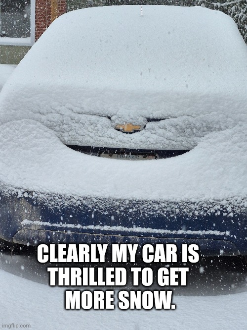 Happy snowy car | CLEARLY MY CAR IS 
THRILLED TO GET 
MORE SNOW. | image tagged in snow,car in snow,snowy car,happy car | made w/ Imgflip meme maker