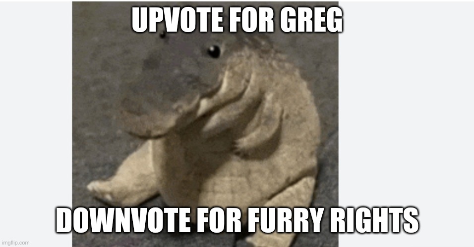 greg | UPVOTE FOR GREG; DOWNVOTE FOR FURRY RIGHTS | image tagged in greg | made w/ Imgflip meme maker