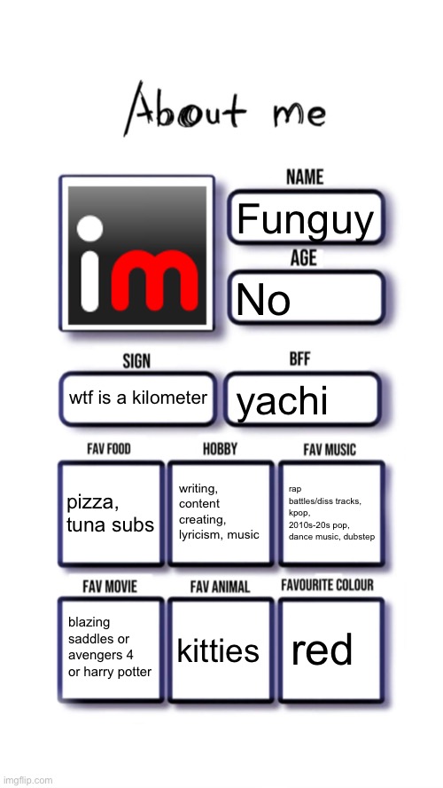 hi | Funguy; No; wtf is a kilometer; yachi; writing, content creating, lyricism, music; pizza, tuna subs; rap battles/diss tracks, kpop, 2010s-20s pop, dance music, dubstep; red; blazing saddles or avengers 4 or harry potter; kitties | image tagged in about me | made w/ Imgflip meme maker