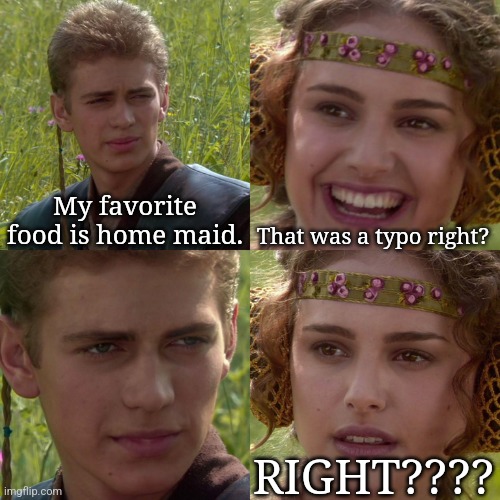 Anakin Padme 4 Panel | My favorite food is home maid. That was a typo right? RIGHT???? | image tagged in anakin padme 4 panel | made w/ Imgflip meme maker