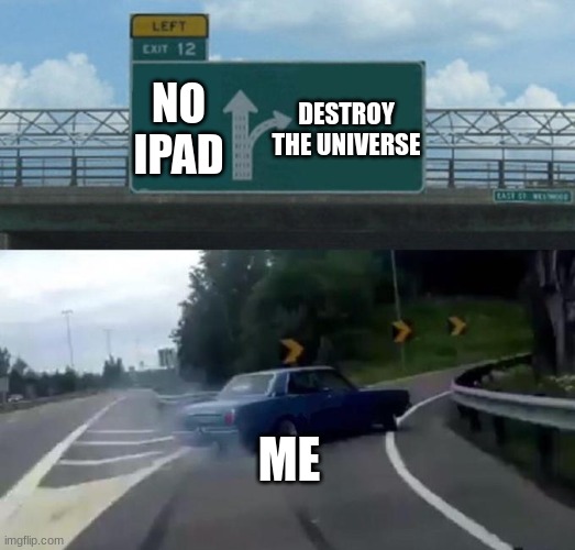 Swerving Car | NO IPAD; DESTROY THE UNIVERSE; ME | image tagged in swerving car | made w/ Imgflip meme maker