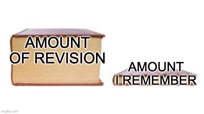 Big book small book | AMOUNT OF REVISION; AMOUNT I REMEMBER | image tagged in big book small book,memes,school memes | made w/ Imgflip meme maker