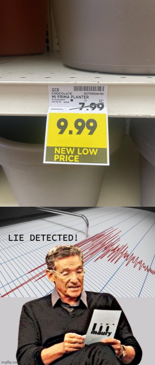 Price increase | image tagged in lie detected d-_-b meme,price,low price,you had one job,memes,planter | made w/ Imgflip meme maker