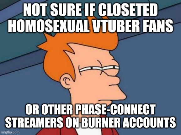 Futurama Fry Meme | NOT SURE IF CLOSETED HOMOSEXUAL VTUBER FANS; OR OTHER PHASE-CONNECT STREAMERS ON BURNER ACCOUNTS | image tagged in memes,futurama fry | made w/ Imgflip meme maker