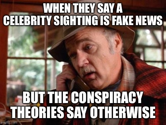 Twin Peaks | WHEN THEY SAY A CELEBRITY SIGHTING IS FAKE NEWS; BUT THE CONSPIRACY THEORIES SAY OTHERWISE | image tagged in twin peaks | made w/ Imgflip meme maker