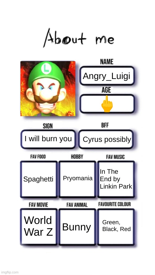 About me | Angry_Luigi; 🖕; I will burn you; Cyrus possibly; Pryomania; Spaghetti; In The End by Linkin Park; Green, Black, Red; World War Z; Bunny | image tagged in about me | made w/ Imgflip meme maker