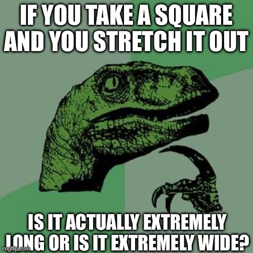 Philosoraptor | IF YOU TAKE A SQUARE AND YOU STRETCH IT OUT; IS IT ACTUALLY EXTREMELY LONG OR IS IT EXTREMELY WIDE? | image tagged in memes,philosoraptor | made w/ Imgflip meme maker