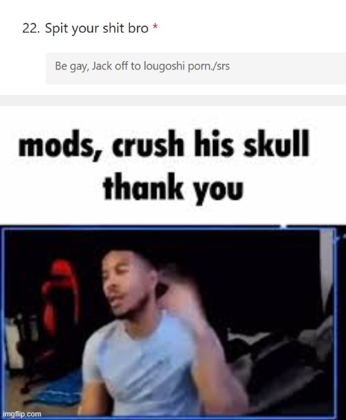 idek what lougoshi porn even is | image tagged in mods crush his skull thank you | made w/ Imgflip meme maker