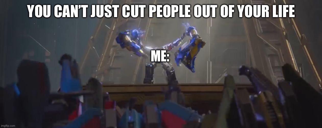 YOU CAN’T JUST CUT PEOPLE OUT OF YOUR LIFE; ME: | image tagged in transformers,megatron,cutting,life,no more,2024 | made w/ Imgflip meme maker