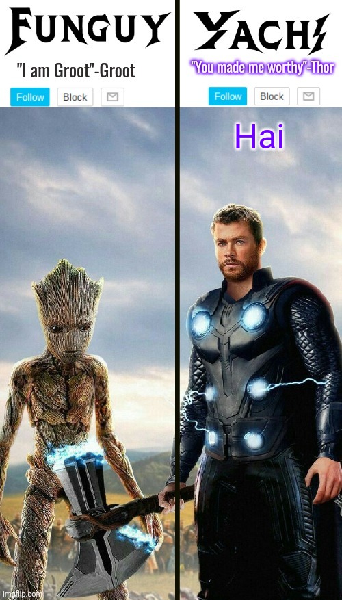 Funguy and yachi temp | Hai | image tagged in funguy and yachi temp | made w/ Imgflip meme maker