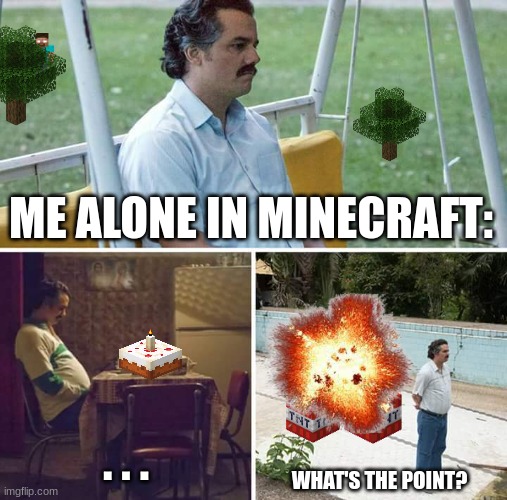 All by yourself... | ME ALONE IN MINECRAFT:; . . . WHAT'S THE POINT? | image tagged in memes,sad pablo escobar | made w/ Imgflip meme maker