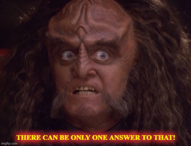 There can be only one answer to that! | THERE CAN BE ONLY ONE ANSWER TO THAT! | image tagged in gowron,throwdown,duel to the death,there can be only one,only one answer,star trek deep space nine | made w/ Imgflip meme maker