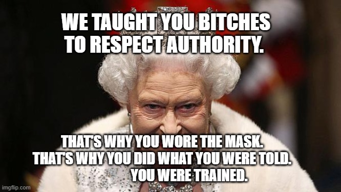 the queen | WE TAUGHT YOU BITCHES TO RESPECT AUTHORITY. THAT'S WHY YOU WORE THE MASK. THAT'S WHY YOU DID WHAT YOU WERE TOLD.                      YOU WERE TRAINED. | image tagged in the queen | made w/ Imgflip meme maker