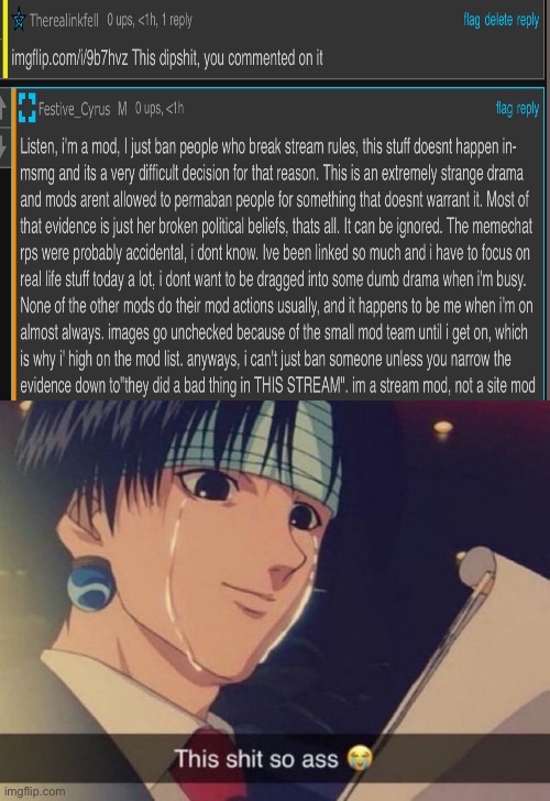 Petition to get rid of cyrus’s mod and permaban him sitewide when? | image tagged in this s t so ass | made w/ Imgflip meme maker