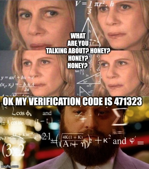 Calculating Man and Woman | WHAT ARE YOU TALKING ABOUT? HONEY?
HONEY?
HONEY? OK MY VERIFICATION CODE IS 471323 | image tagged in calculating man and woman | made w/ Imgflip meme maker