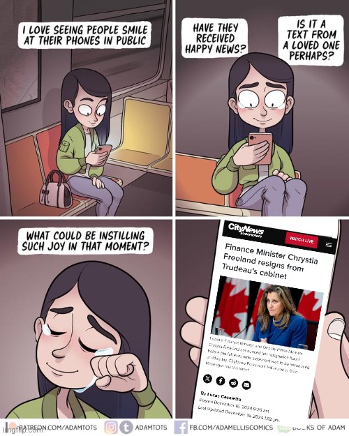 Wonderful news! Chrystia Freeland resigned from Justin Trudeau's cabinet! | image tagged in girl looks at phone on train,canada,chrystia freeland,justin trudeau | made w/ Imgflip meme maker