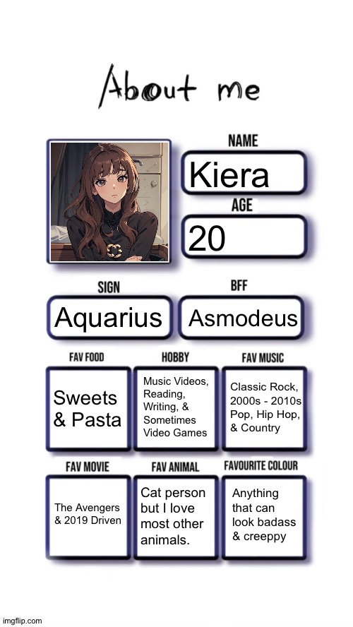 Well, Well, Well, How The Turn Tables | Kiera; 20; Aquarius; Asmodeus; Music Videos,
Reading,
Writing, &
Sometimes
Video Games; Sweets & Pasta; Classic Rock,
2000s - 2010s
Pop, Hip Hop,
& Country; Anything that can look badass & creeppy; The Avengers
& 2019 Driven; Cat person but I love
most other
animals. | image tagged in about me,the eyes are wrong,but other than that,thats how i look,did i understand the assignment,only partly hehe | made w/ Imgflip meme maker