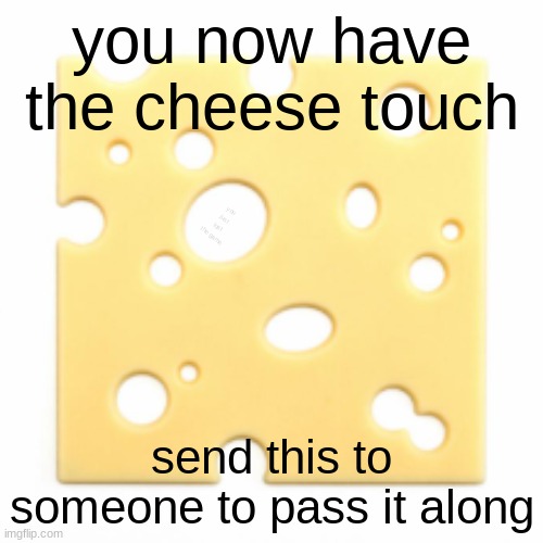 cheese touch | you now have the cheese touch; you just lost the game; send this to someone to pass it along | image tagged in cheese | made w/ Imgflip meme maker