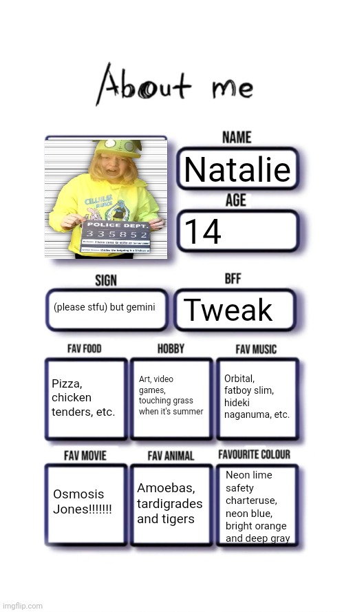 About me | Natalie; 14; (please stfu) but gemini; Tweak; Art, video games, touching grass when it's summer; Pizza, chicken tenders, etc. Orbital, fatboy slim, hideki naganuma, etc. Neon lime safety charteruse, neon blue, bright orange and deep gray; Osmosis Jones!!!!!!! Amoebas, tardigrades and tigers | image tagged in about me | made w/ Imgflip meme maker