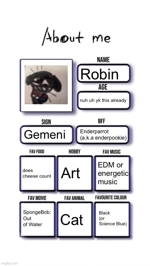 and no I don’t look like that drawing irl (obviously) | Robin; nuh uh yk this already; Gemeni; Enderparrot (a.k.a enderpookie); Art; does cheese count; EDM or energetic music; Black (or Science Blue); SpongeBob: Out of Water; Cat | image tagged in about me | made w/ Imgflip meme maker