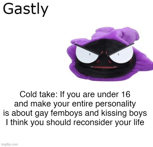 Gastly | Cold take: If you are under 16 and make your entire personality is about gay femboys and kissing boys I think you should reconsider your life | image tagged in gastly | made w/ Imgflip meme maker