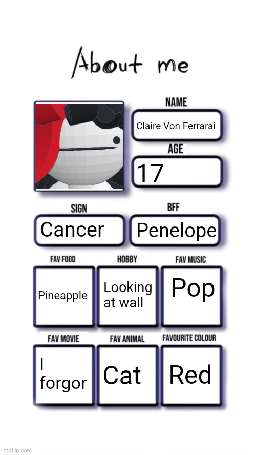 About me | Claire Von Ferrarai; 17; Cancer; Penelope; Pop; Looking at wall; Pineapple; Red; I forgor; Cat | image tagged in about me | made w/ Imgflip meme maker