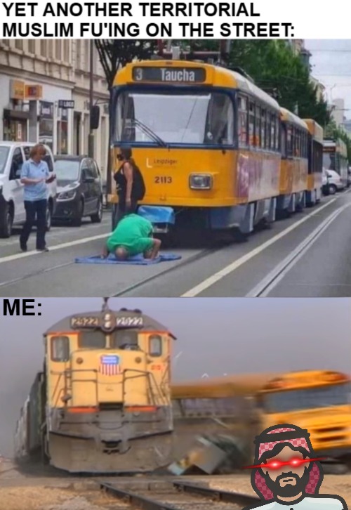 I feel required to say 'not all', on this one... | ME: | image tagged in muslims,funny,a train hitting a school bus,europe | made w/ Imgflip meme maker