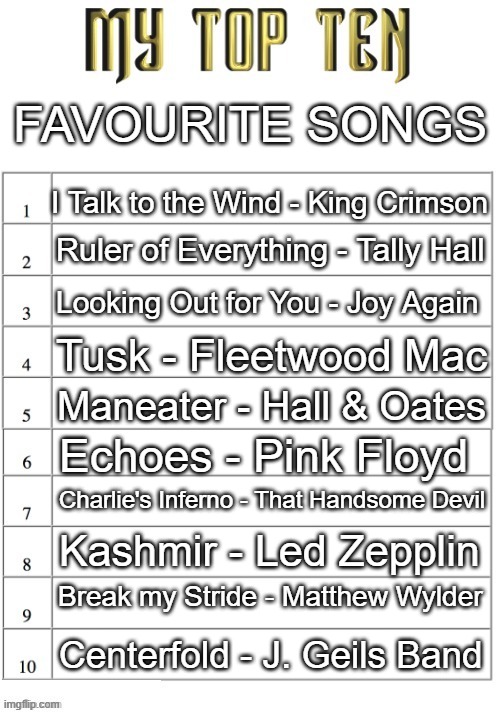 Top ten list better | FAVOURITE SONGS; I Talk to the Wind - King Crimson; Ruler of Everything - Tally Hall; Looking Out for You - Joy Again; Tusk - Fleetwood Mac; Maneater - Hall & Oates; Echoes - Pink Floyd; Charlie's Inferno - That Handsome Devil; Kashmir - Led Zepplin; Break my Stride - Matthew Wylder; Centerfold - J. Geils Band | image tagged in top ten list better | made w/ Imgflip meme maker