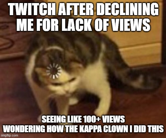 Loading cat | TWITCH AFTER DECLINING ME FOR LACK OF VIEWS; SEEING LIKE 100+ VIEWS WONDERING HOW THE KAPPA CLOWN I DID THIS | image tagged in loading cat | made w/ Imgflip meme maker