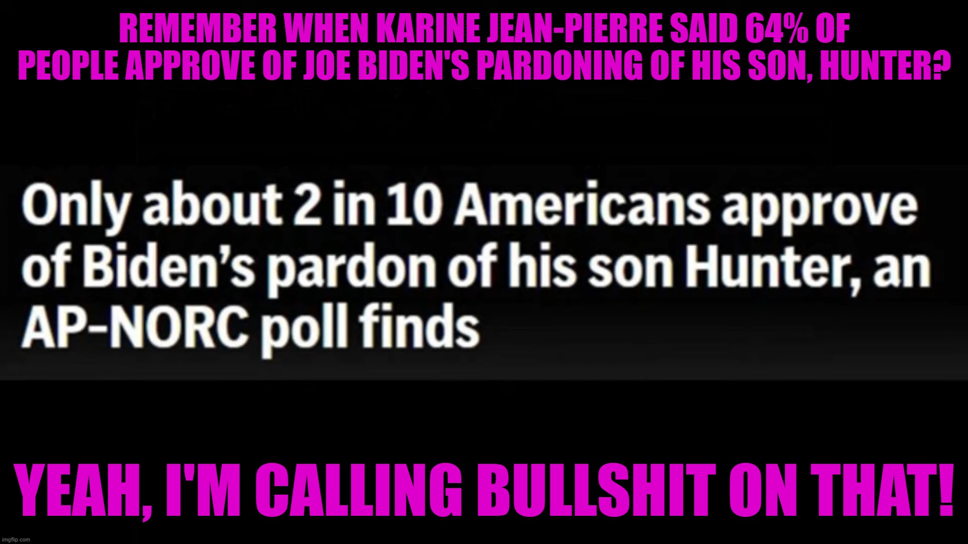 Karine Jean-Pierre's Lie about Hunter Pardon | REMEMBER WHEN KARINE JEAN-PIERRE SAID 64% OF PEOPLE APPROVE OF JOE BIDEN'S PARDONING OF HIS SON, HUNTER? YEAH, I'M CALLING BULLSHIT ON THAT! | image tagged in kjp,democrats,pardon | made w/ Imgflip meme maker