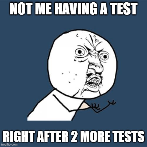 Y U No | NOT ME HAVING A TEST; RIGHT AFTER 2 MORE TESTS | image tagged in memes,y u no | made w/ Imgflip meme maker