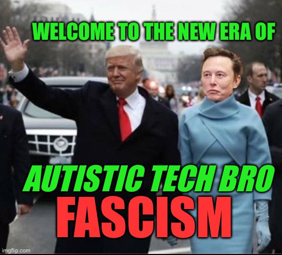 Autistic tech bro fascism | WELCOME TO THE NEW ERA OF; AUTISTIC TECH BRO; FASCISM | image tagged in elon musk is trump's new hooker | made w/ Imgflip meme maker