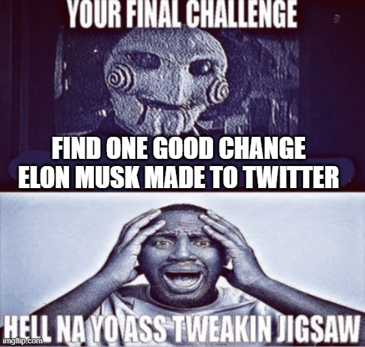 your final challenge | FIND ONE GOOD CHANGE ELON MUSK MADE TO TWITTER | image tagged in your final challenge | made w/ Imgflip meme maker