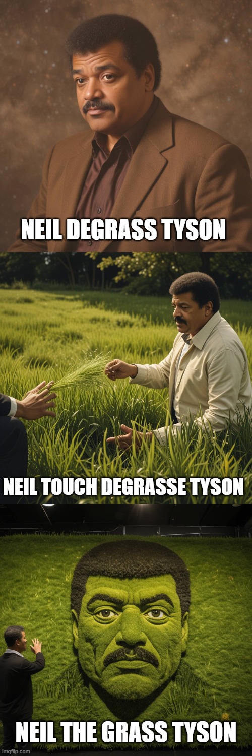 May have been done before, don't care! | NEIL DEGRASS TYSON; NEIL TOUCH DEGRASSE TYSON; NEIL THE GRASS TYSON | image tagged in neil degrasse tyson,touching grass,grass | made w/ Imgflip meme maker