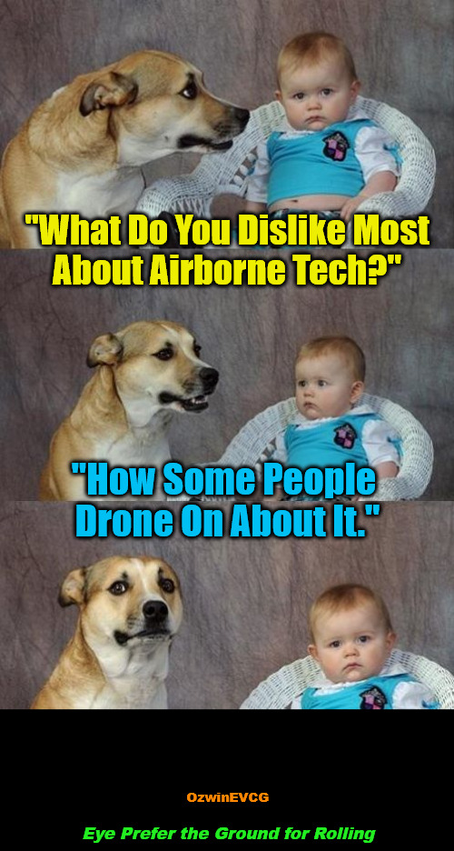 Eye Prefer the Ground for Rolling | "What Do You Dislike Most

About Airborne Tech?"; "How Some People 

Drone On About It."; OzwinEVCG; Eye Prefer the Ground for Rolling | image tagged in baby and dog,on the ground,technology,in the air,whoops,awkward | made w/ Imgflip meme maker