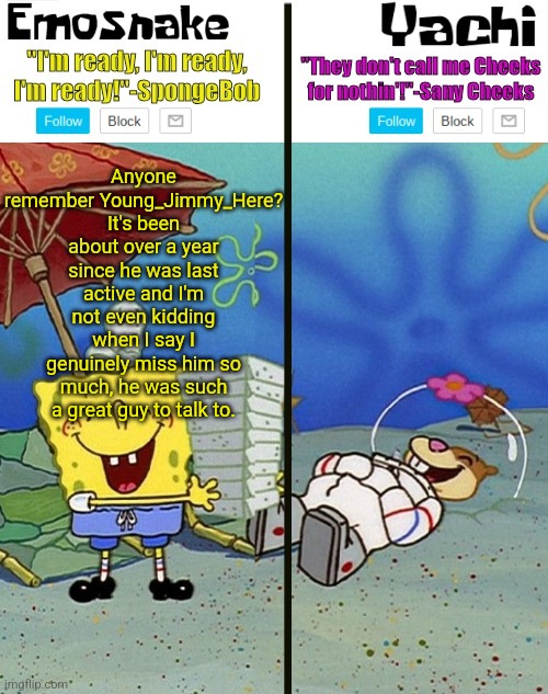 Emosnake and yachi temp | Anyone remember Young_Jimmy_Here? It's been about over a year since he was last active and I'm not even kidding when I say I genuinely miss him so much, he was such a great guy to talk to. | image tagged in emosnake and yachi temp | made w/ Imgflip meme maker