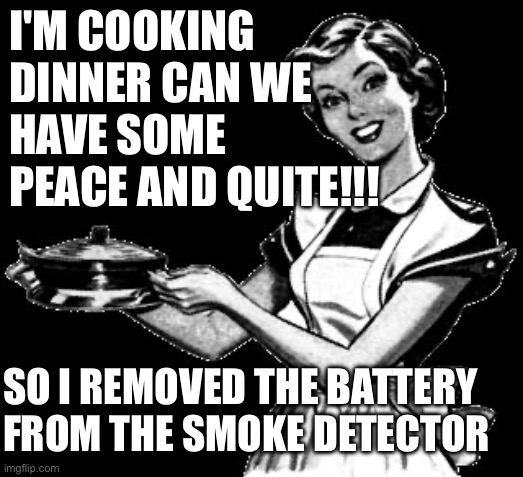 Cooking chicks | I'M COOKING DINNER CAN WE HAVE SOME PEACE AND QUITE!!! SO I REMOVED THE BATTERY FROM THE SMOKE DETECTOR | image tagged in vintage woman cooking | made w/ Imgflip meme maker