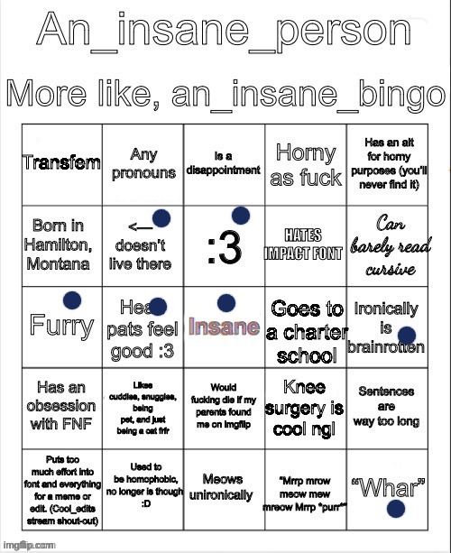 Bruh, it's all either furry or lgtvbbq stuff | image tagged in an_insane_bingo december 2024 | made w/ Imgflip meme maker