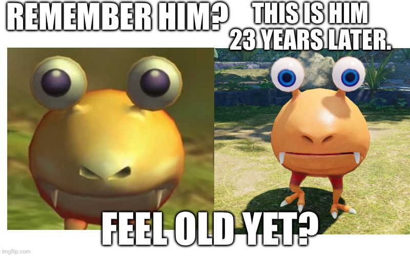 Time flies | REMEMBER HIM? THIS IS HIM 23 YEARS LATER. FEEL OLD YET? | image tagged in pikmin | made w/ Imgflip meme maker