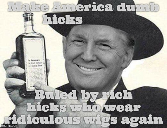 Mr. Trump Salesman | Make America dumb
  hicks; Ruled by rich hicks who wear ridiculous wigs again | image tagged in mr trump salesman | made w/ Imgflip meme maker