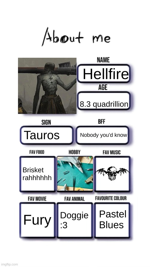 late post haha | Hellfire; 8.3 quadrillion; Tauros; Nobody you'd know; Brisket rahhhhhh; Pastel Blues; Fury; Doggie :3 | image tagged in about me | made w/ Imgflip meme maker