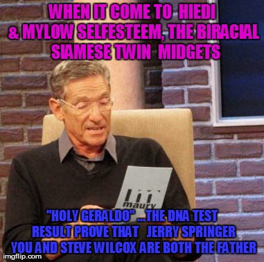 Maury Lie Detector Meme | WHEN IT COME TO  HIEDI & MYLOW SELFESTEEM, THE BIRACIAL  SIAMESE TWIN  MIDGETS "HOLY GERALDO" ...THE DNA TEST RESULT PROVE THAT   JERRY SPRI | image tagged in memes,maury lie detector | made w/ Imgflip meme maker