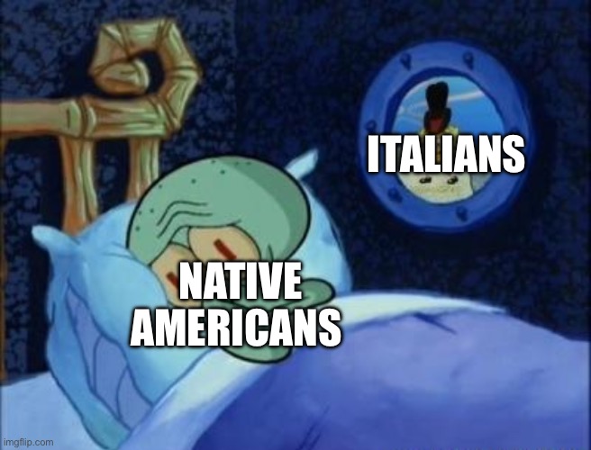 History joke | ITALIANS; NATIVE AMERICANS | image tagged in squidward can't sleep | made w/ Imgflip meme maker