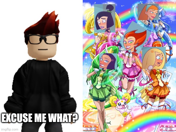 MC saw Glitter Class on the TV (the image on the right was edited by me when i was 10) | EXCUSE ME WHAT? | image tagged in mc,memes,glitter class,tv | made w/ Imgflip meme maker