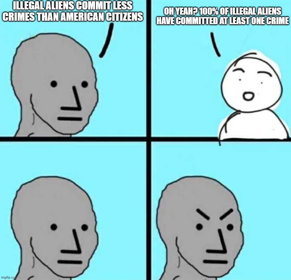 Illegal Aliens Commit More Crimes than Americans | ILLEGAL ALIENS COMMIT LESS CRIMES THAN AMERICAN CITIZENS; OH YEAH? 100% OF ILLEGAL ALIENS HAVE COMMITTED AT LEAST ONE CRIME | image tagged in angry npc wojak,illegal aliens,democrat lies | made w/ Imgflip meme maker