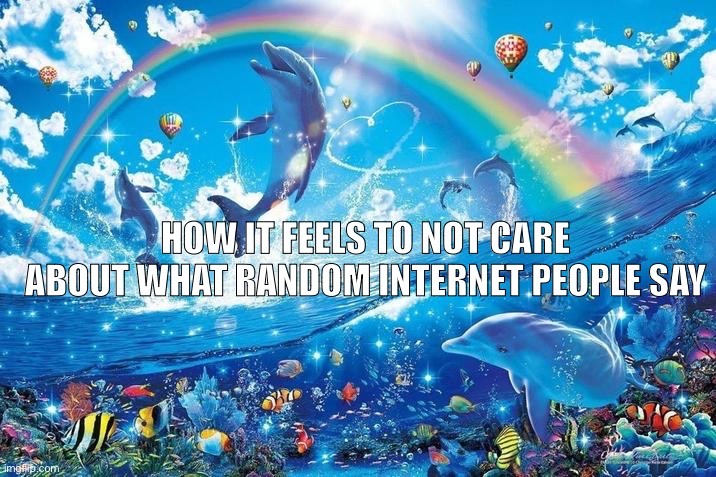 Tragic | HOW IT FEELS TO NOT CARE ABOUT WHAT RANDOM INTERNET PEOPLE SAY | image tagged in happy dolphin rainbow | made w/ Imgflip meme maker